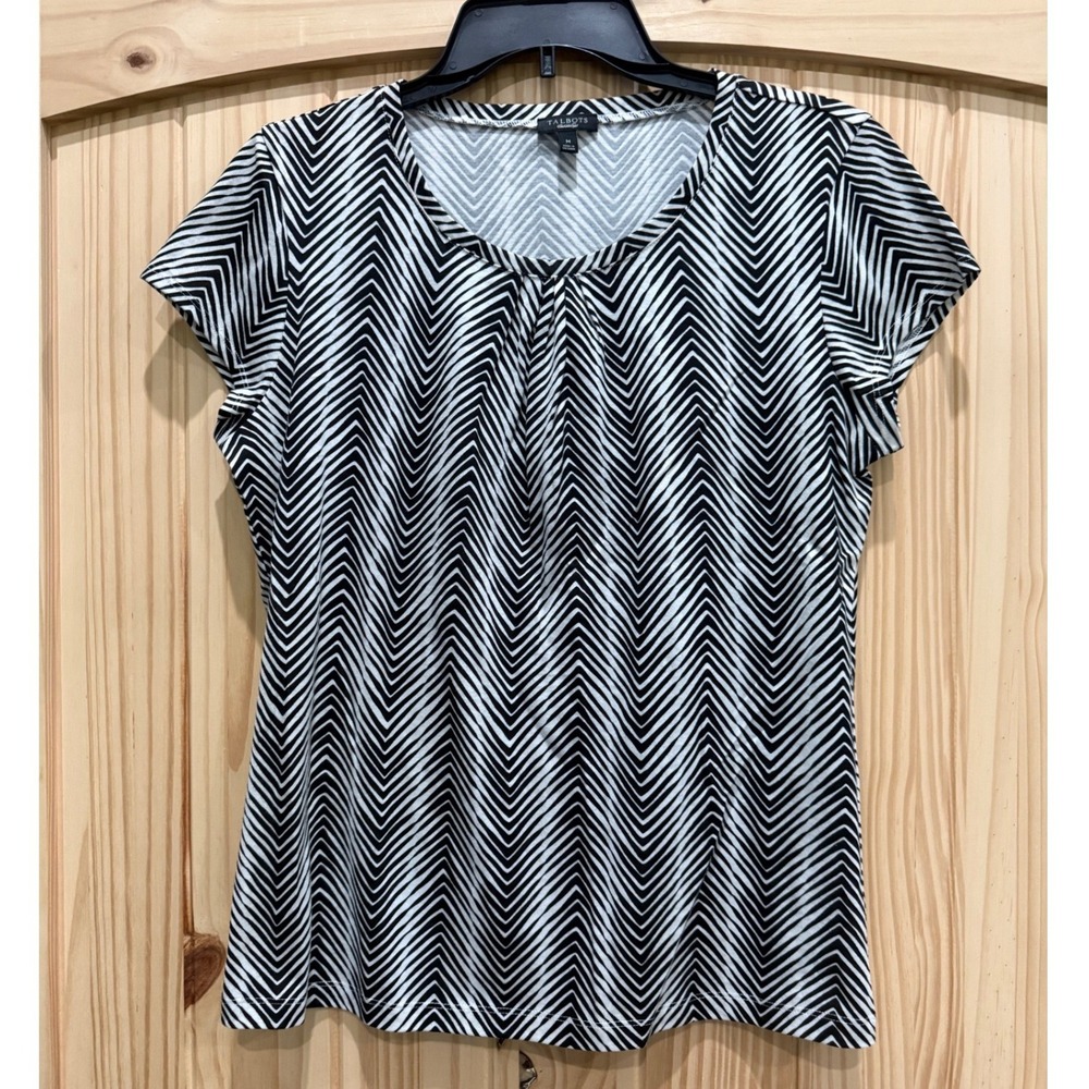 Talbots Womens Medium Black White Chevron Zig Zag Cotton Short Sleeve Blouse Top